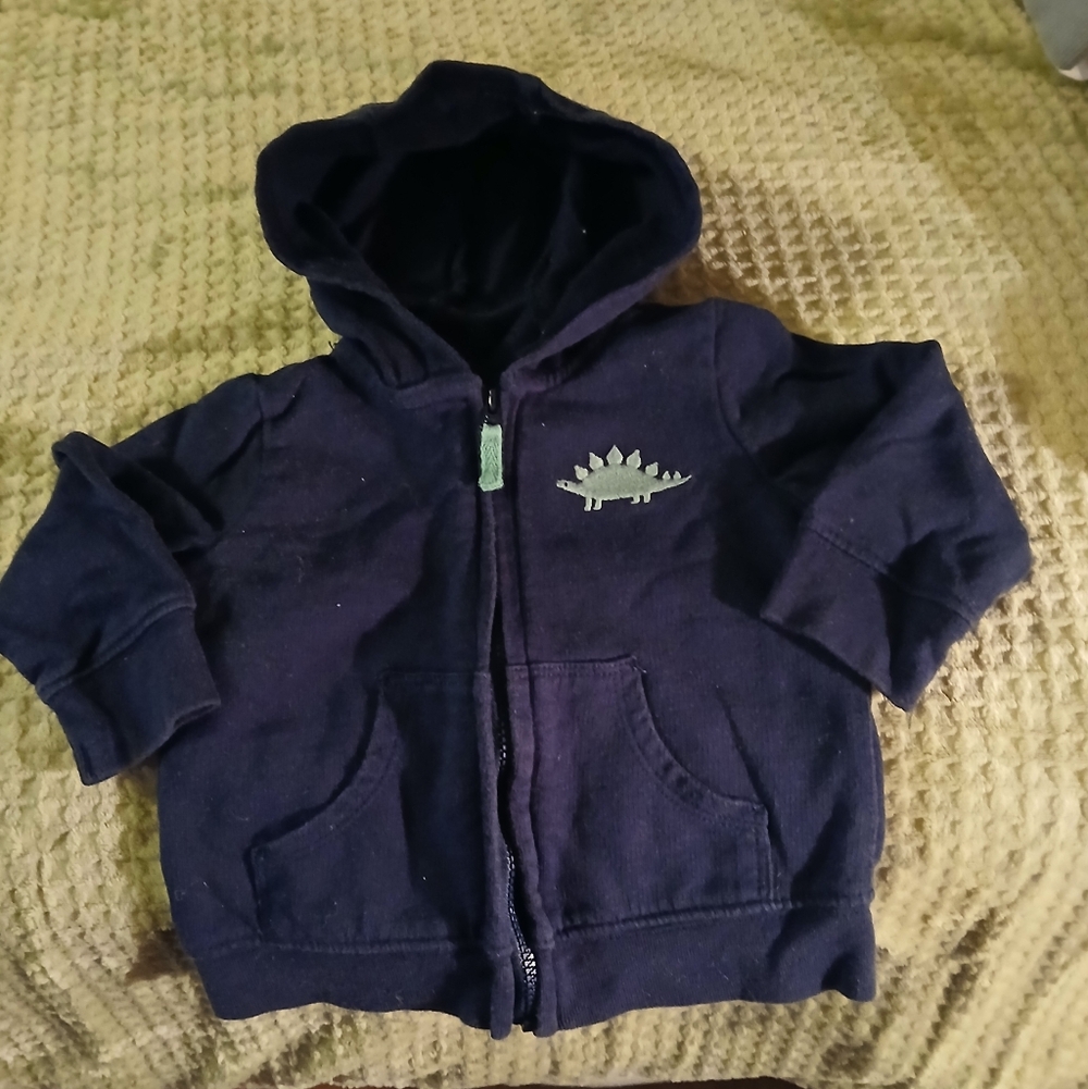 Simple 6/9 Months Navy Blue Kids Hoodie with Dinosaur Design